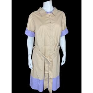 ISAAC MIZRAHI LIVE Plus 18W Colorblock Shirt Dress Belted Tan Lilac NWOT